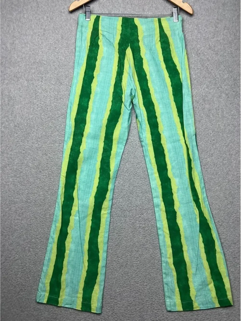 Zara Flared Striped Linen Blend Pants High Waist Green Yellow Watermelon Boho S